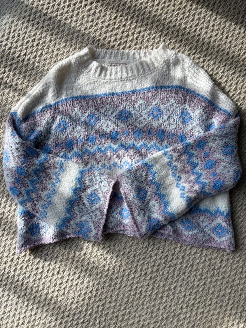 Sincerely Jules White Crewneck Sweater with Blue & Lavender Fair Isle